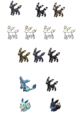 Edited sprites of Umbreon--and, more briefly, Glaceon--showcasing both their original colors and potential variant colors.